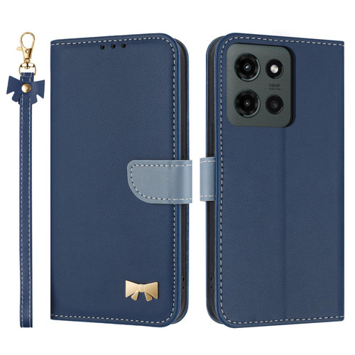 Moto G 2025 Metal Bow Leather Phone Case with Hand Strap - Dark Blue